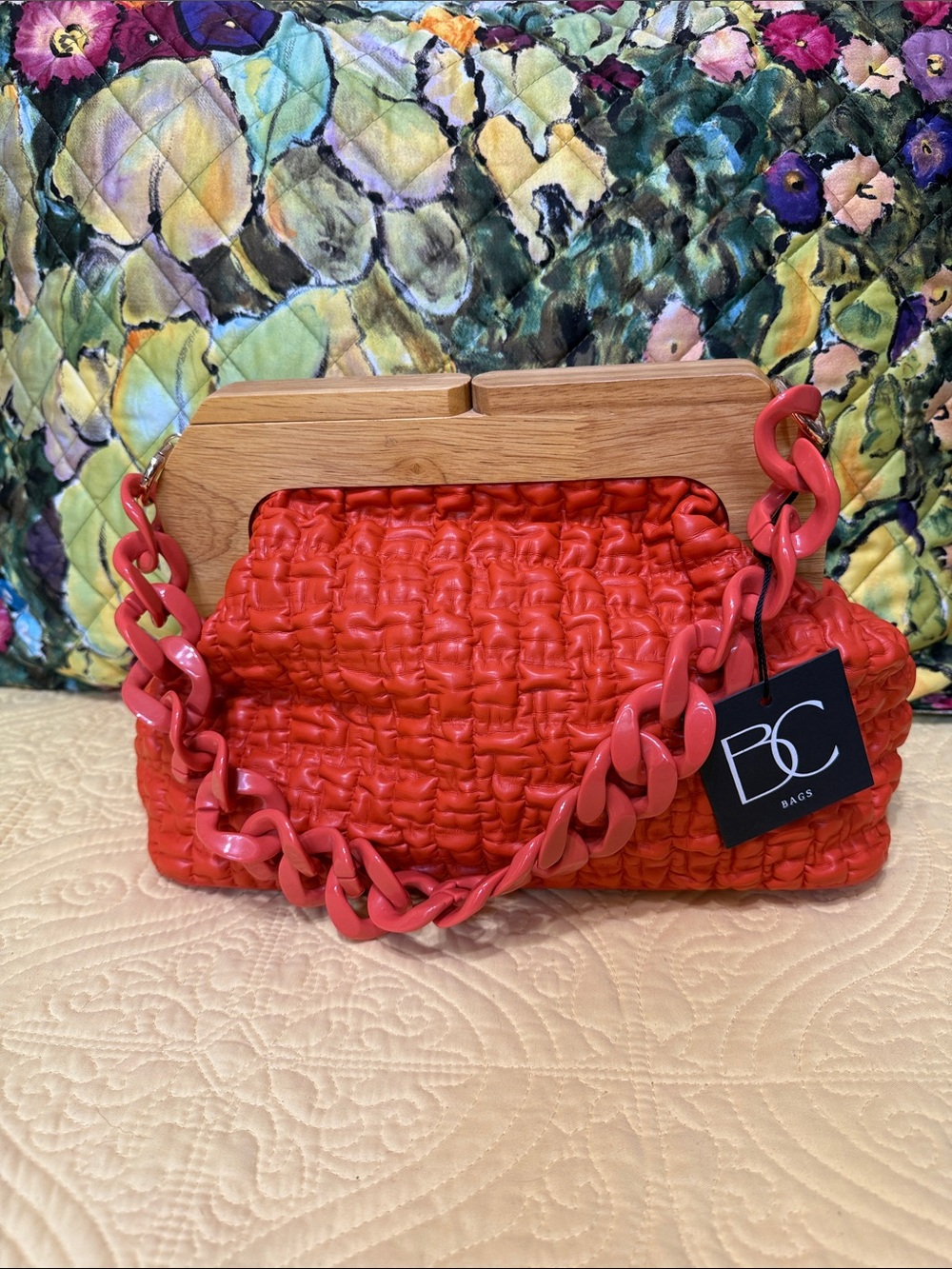 NWT BC Bags Orange Woven Crossbody with Wooden Frame